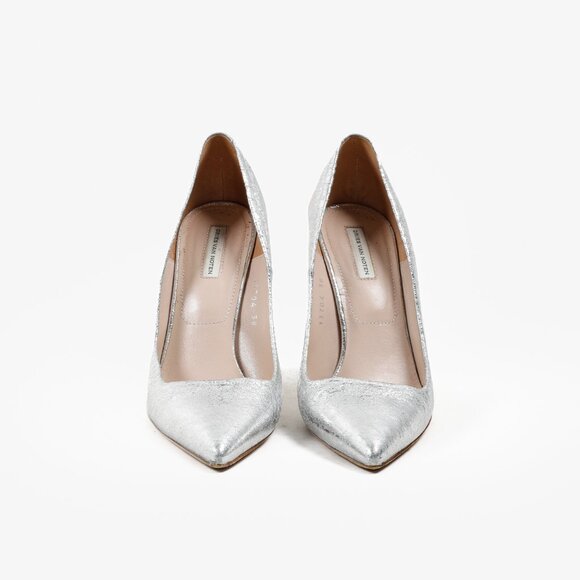 Dries Van Noten Distressed Silver Leather Heels - Picture 2 of 8